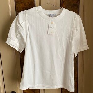 Polagram White Mixed Textile Puffed Short Sleeve Mick Neck Top